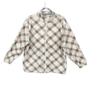 PACER 1X Sweatshirt Zip Up Fleece Women Tan, Blue & Cream Window Pane Plaid